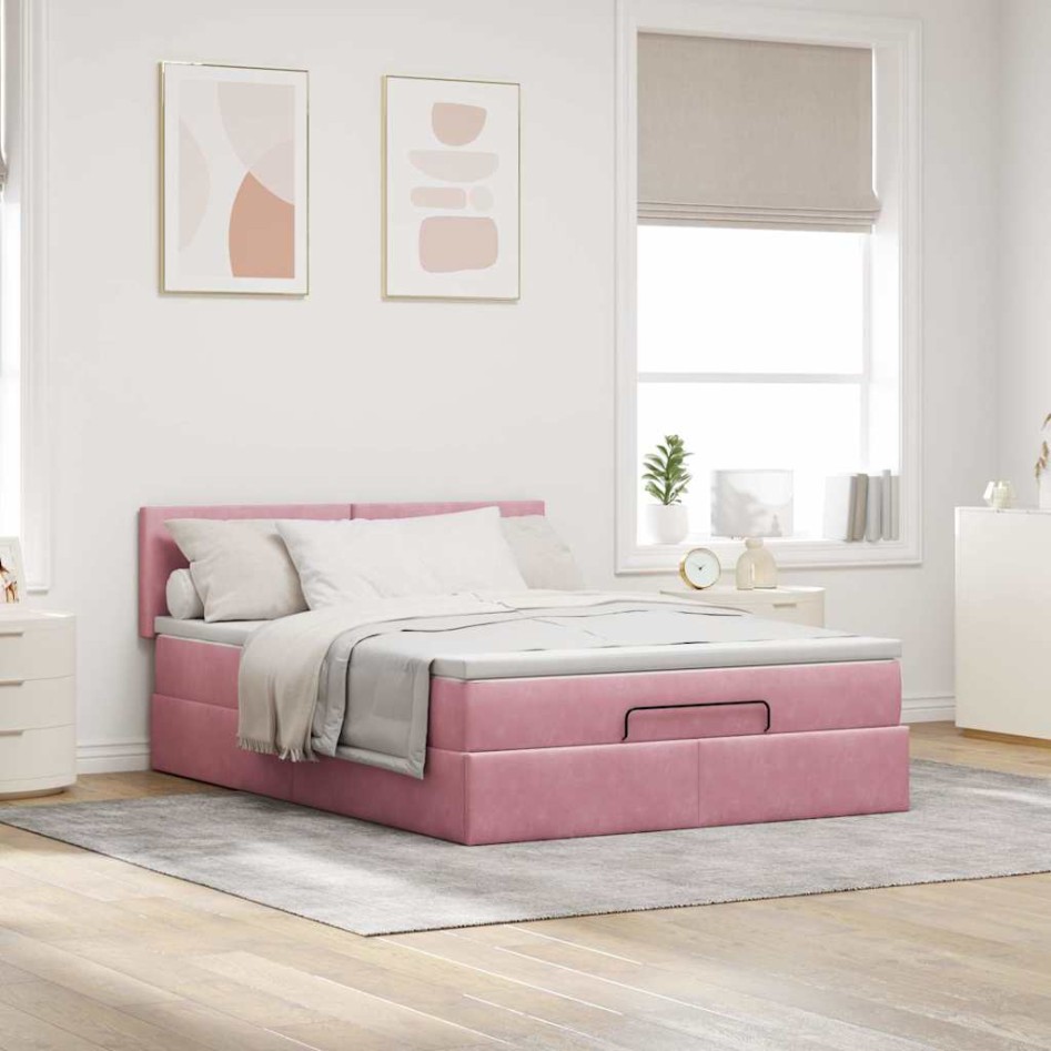 Estructura cama otomana colchón terciopelo rosa