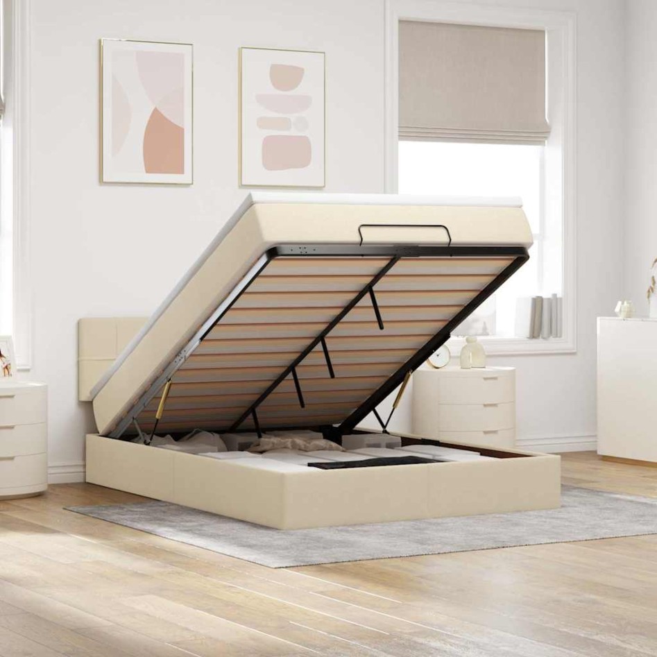 Cama otomana con colchón de tela color crema 140x190