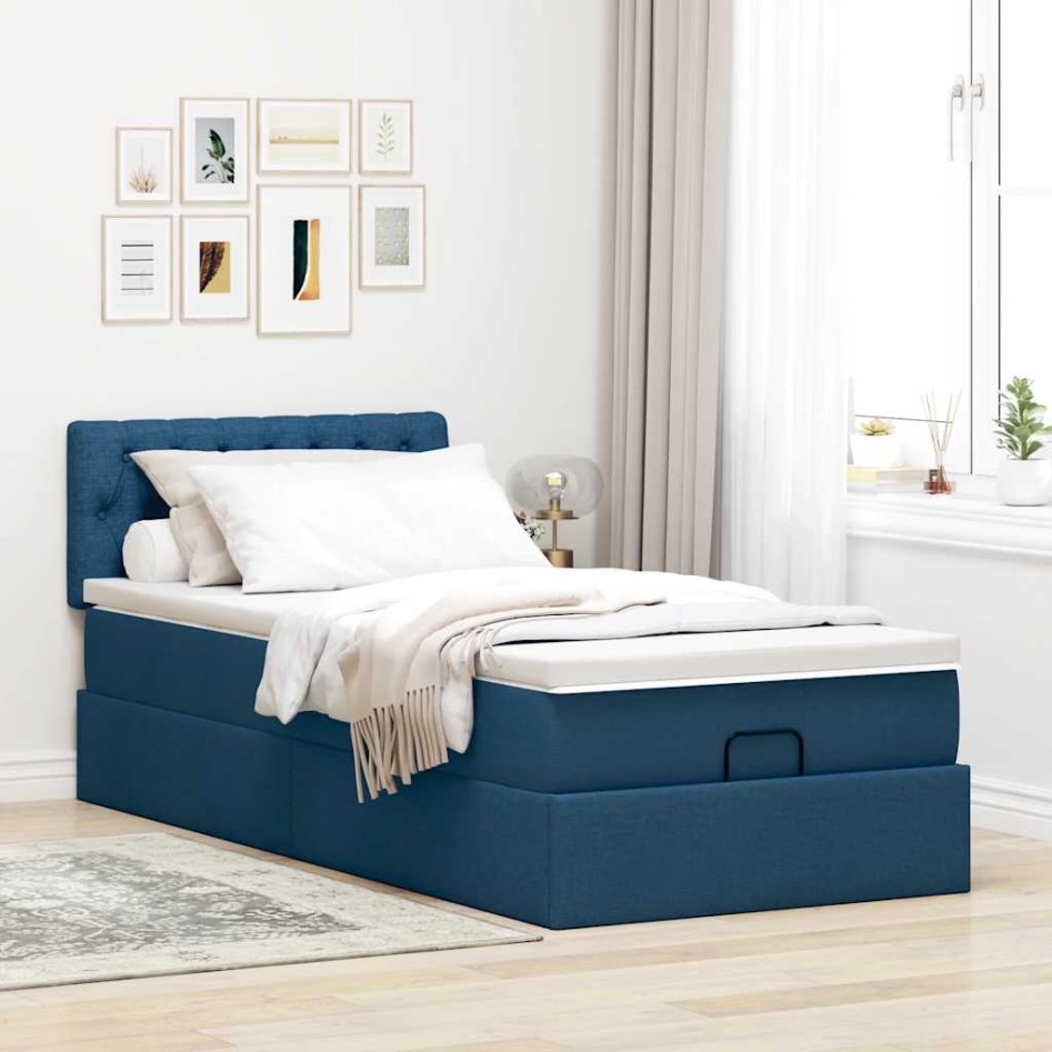 Cama otomana con colchón tela azul 100x200