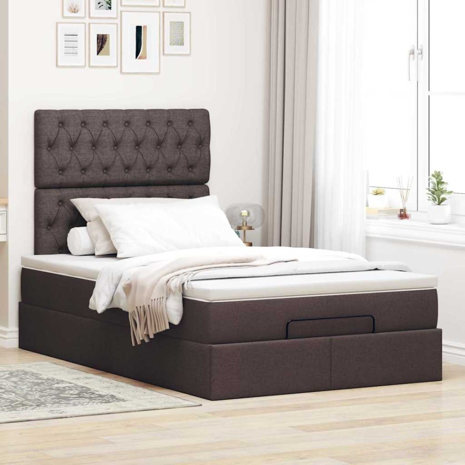 Estructura cama otomana colchón tela marrón oscuro