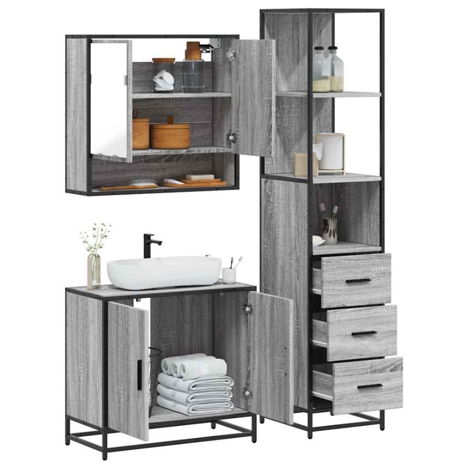 Set de muebles de baño 3 pzas madera contrachapada gris