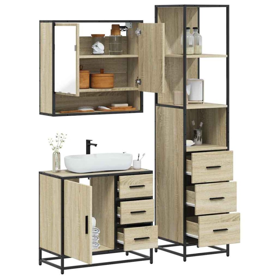 Set de muebles de baño 3 pzas madera contrachapada roble