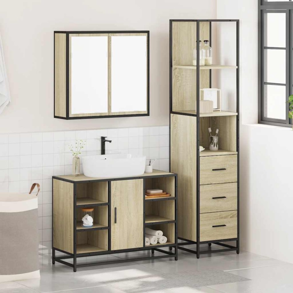 Set de muebles de baño 3 pzas madera contrachapada roble