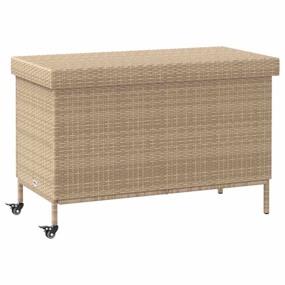 Baúl de jardín con ruedas ratán sintético beige 110x55x73