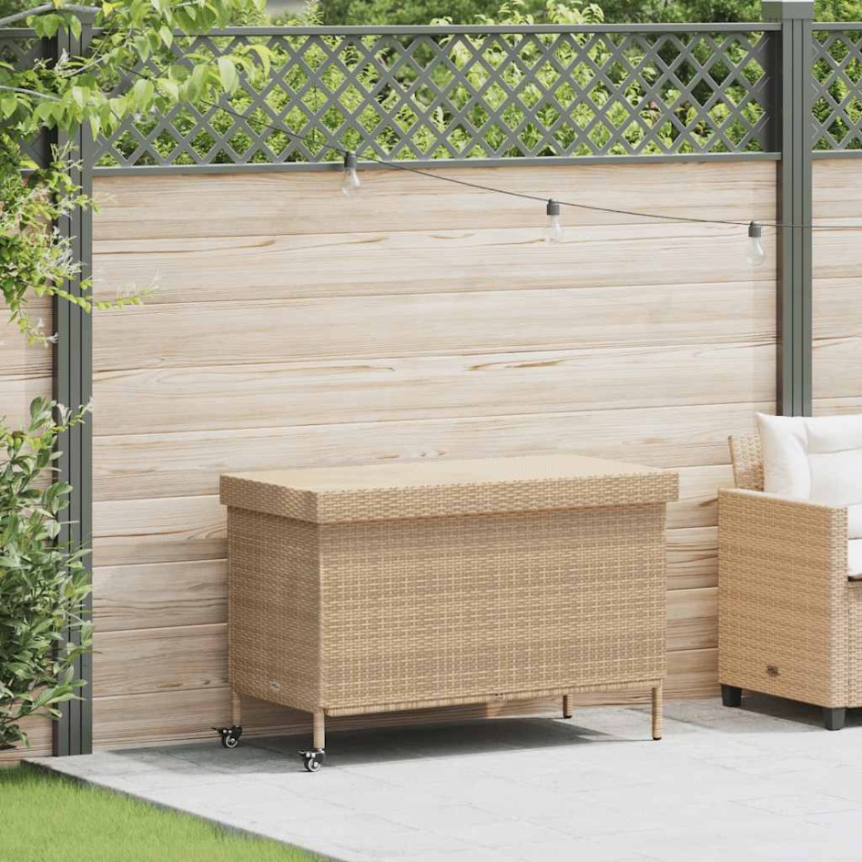 Baúl de jardín con ruedas ratán sintético beige 110x55x73