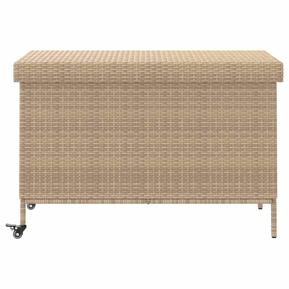Baúl de jardín con ruedas ratán sintético beige 110x55x73