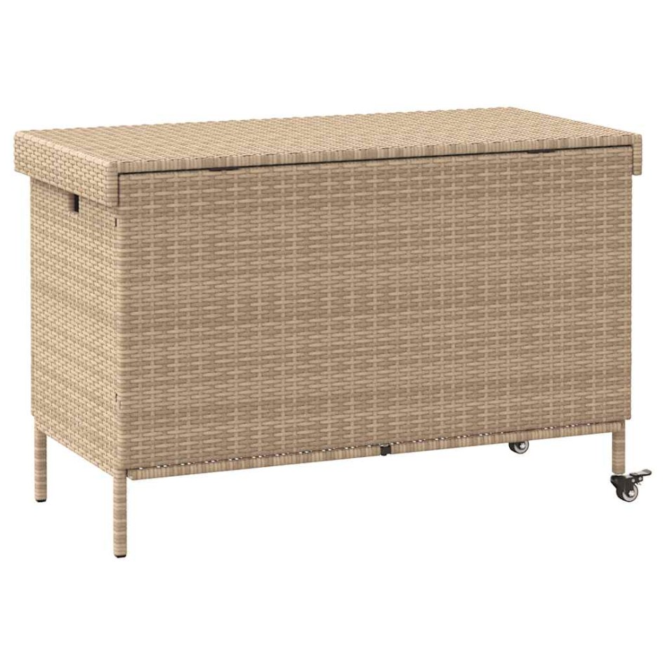 Baúl de jardín con ruedas ratán sintético beige 110x55x73