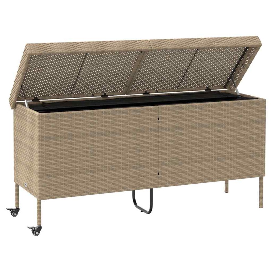Caja de almacenaje jardín ruedas ratán PE beige 160x55x75