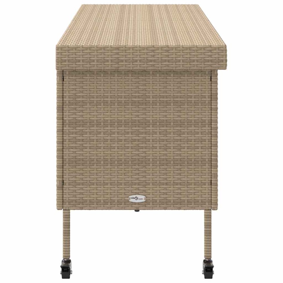 Caja de almacenaje jardín ruedas ratán PE beige 160x55x75