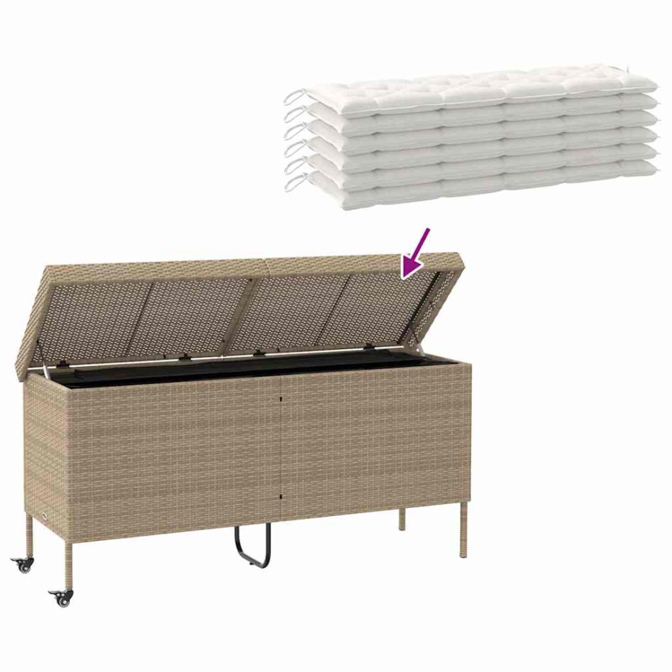 Caja de almacenaje jardín ruedas ratán PE beige 160x55x75
