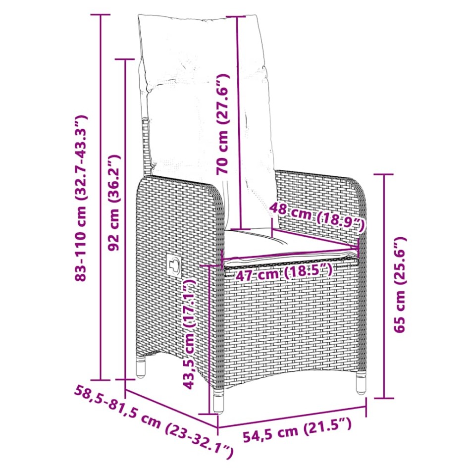 Mesita y sillas jardín 3 pzas y cojines ratán sintético
