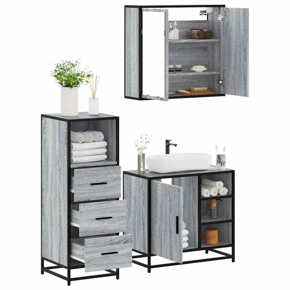 Set de muebles de baño 3 pzas madera contrachapada gris