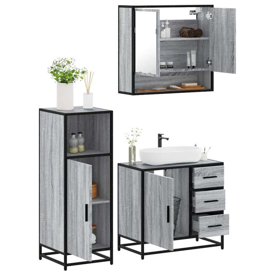 Set de muebles de baño 3 pzas madera contrachapada gris