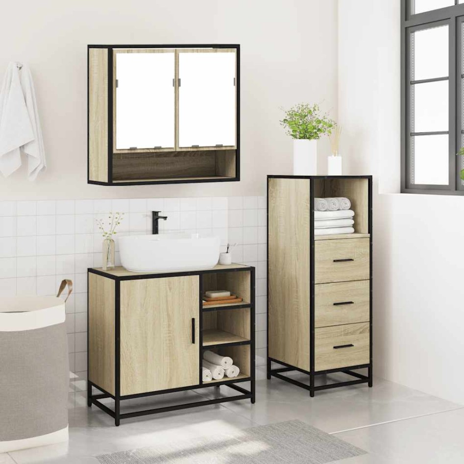 Set de muebles de baño 3 pzas madera contrachapada roble