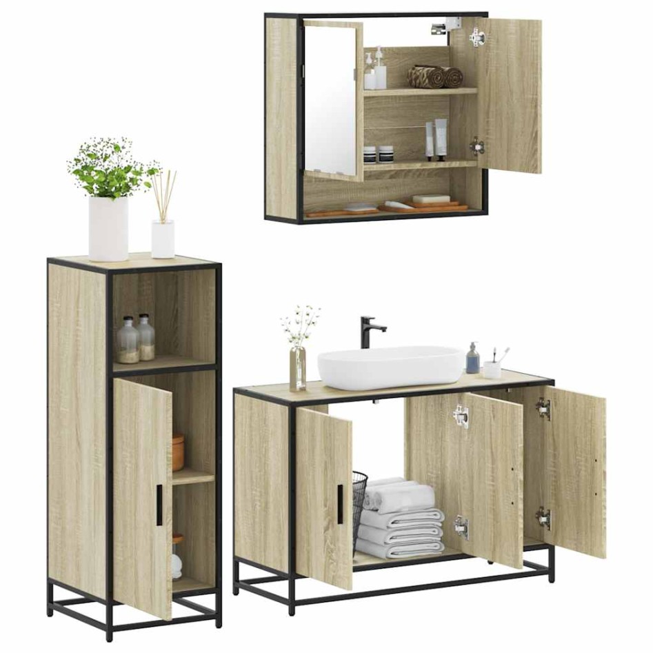 Set de muebles de baño 3 pzas madera contrachapada roble