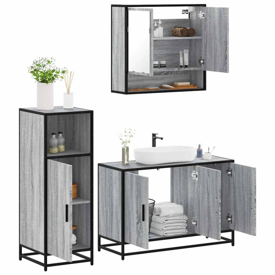 Set de muebles de baño 3 pzas madera contrachapada gris