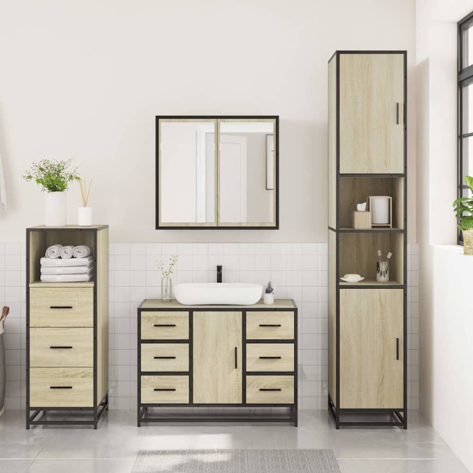 Set de muebles de baño 3 pzas madera contrachapada roble