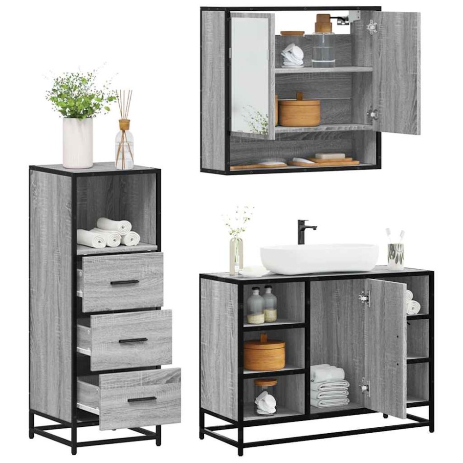 Set de muebles de baño 3 pzas madera contrachapada gris