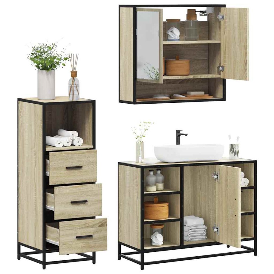 Set de muebles de baño 3 pzas madera contrachapada roble