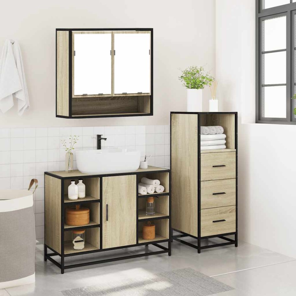 Set de muebles de baño 3 pzas madera contrachapada roble