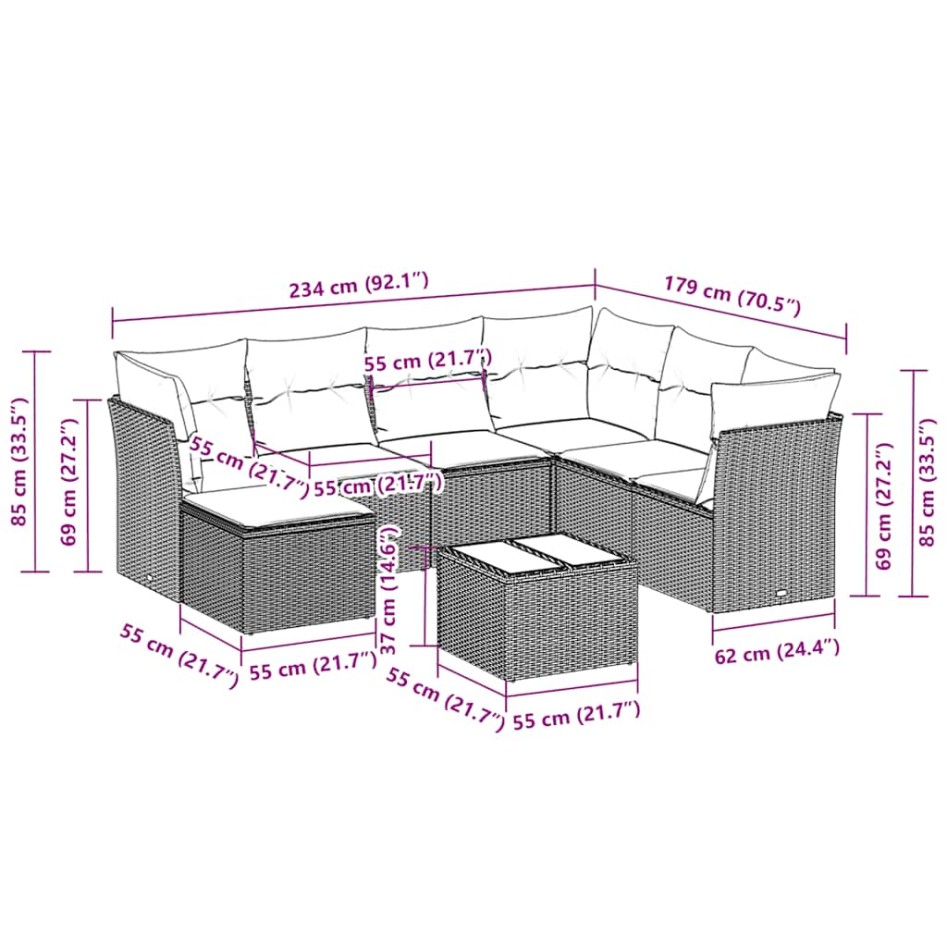 Set de sofás de jardín 8 pzas y cojines ratán sintético