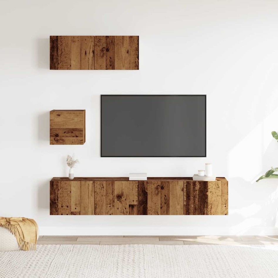 Conjunto de mueble de TV 4 piezas montado la pared madera