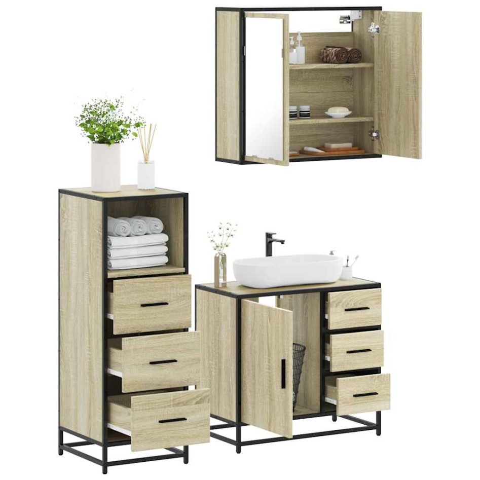 Set de muebles de baño 3 pzas madera contrachapada roble