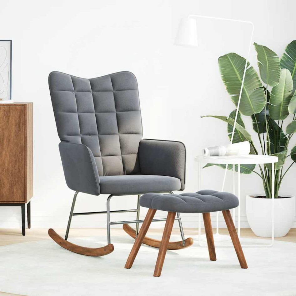Mecedora con taburete de terciopelo gris