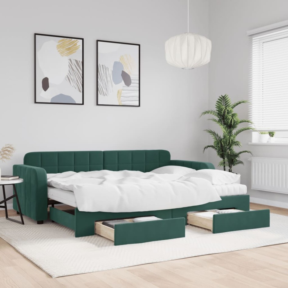 Sofá cama nido con cajones terciopelo verde oscuro 80x200