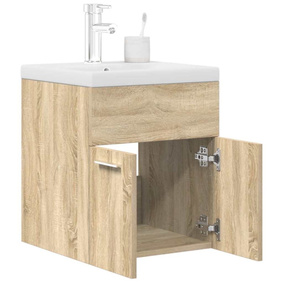 Mueble de baño con lavabo incorporado y grifo roble