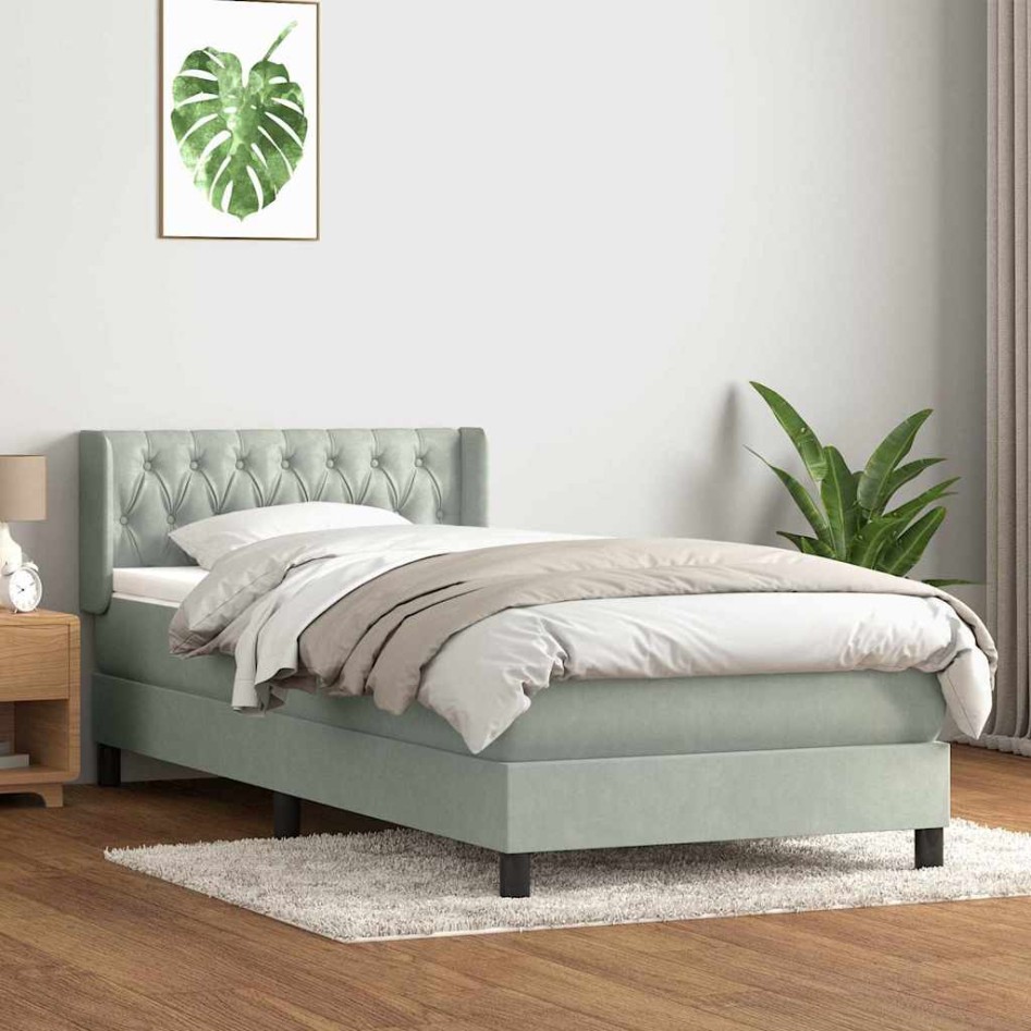 Cama box spring con colchón terciopelo gris claro 90x220