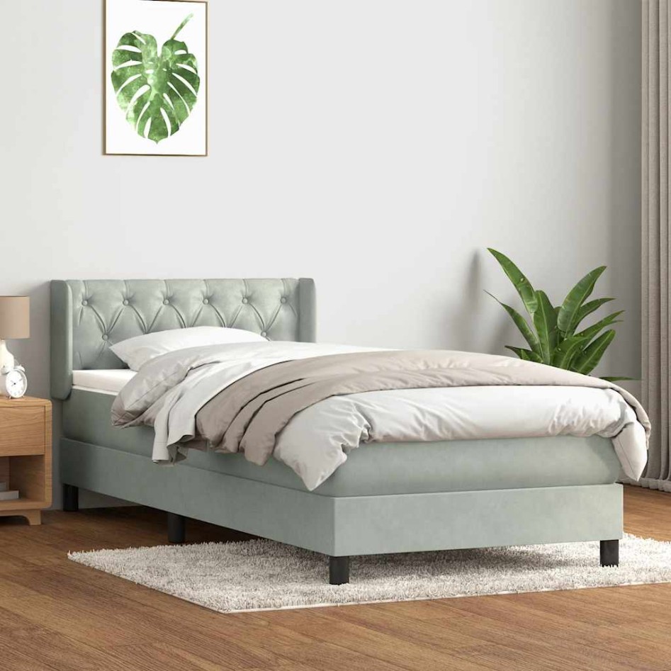 Cama box spring con colchón terciopelo gris claro 80x220