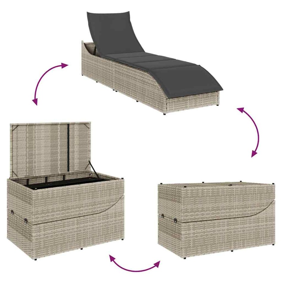 Tumbona plegable con cojín y espacio gris claro ratán