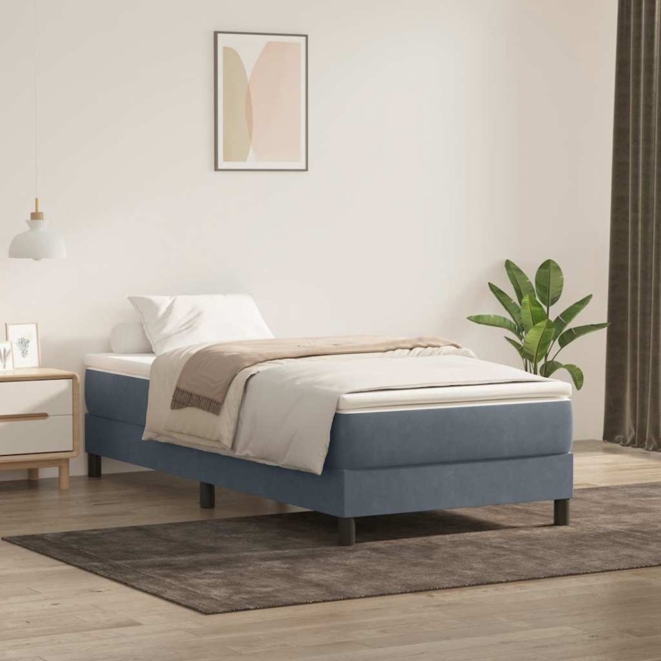 Cama box spring con colchón terciopelo gris oscuro 80x210