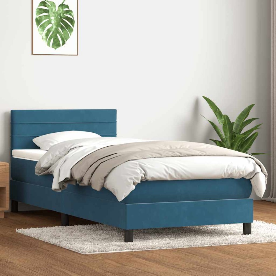 Cama box spring con colchón terciopelo azul oscuro 80x210
