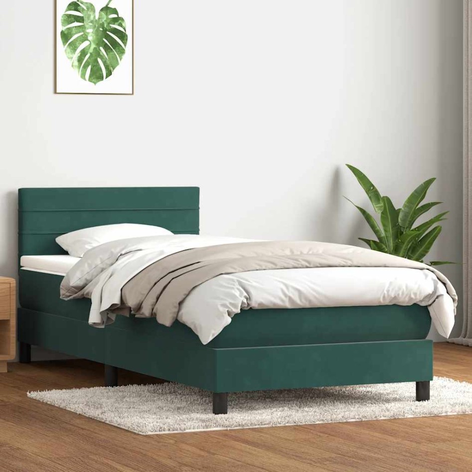 Cama box spring con colchón terciopelo verde oscuro 90x210