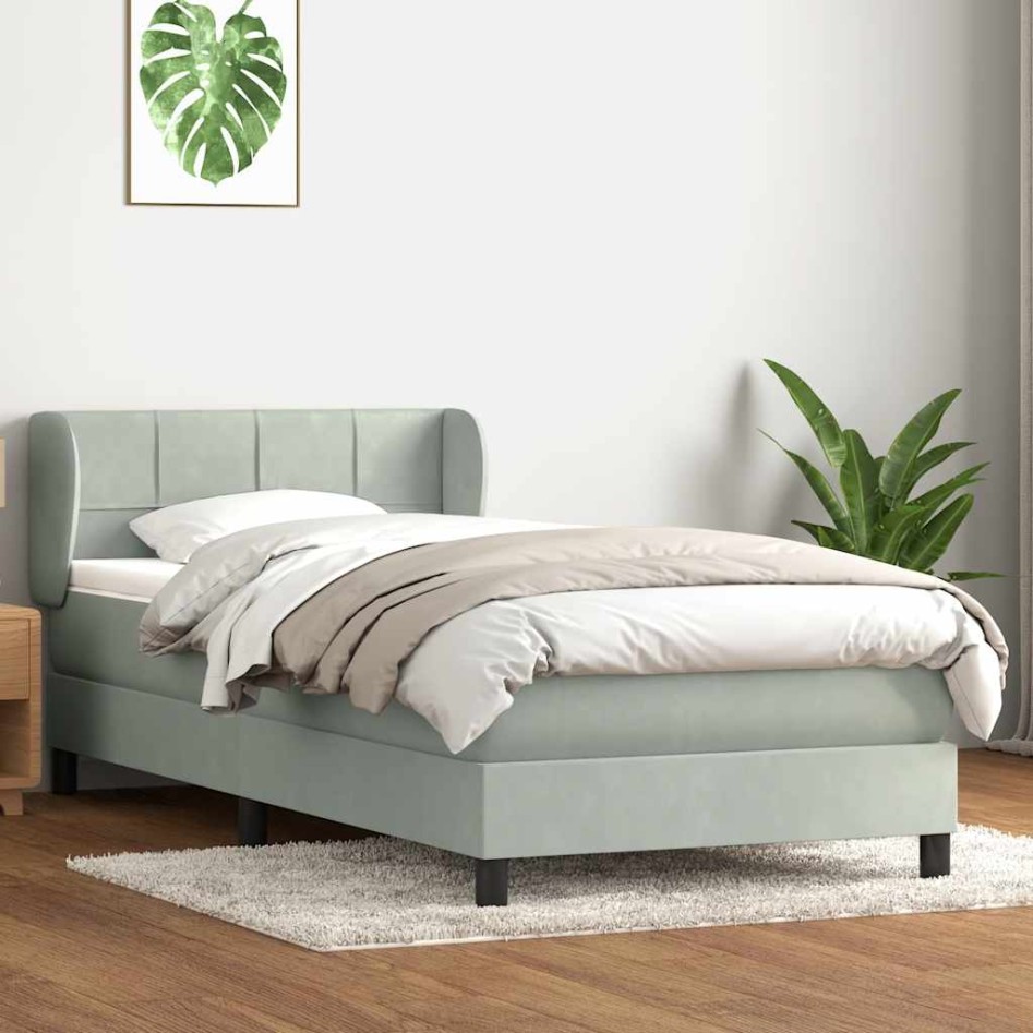 Cama box spring con colchón terciopelo gris claro 90x210