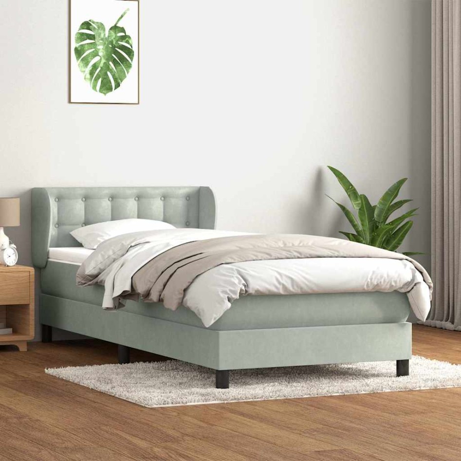 Cama box spring con colchón terciopelo gris claro 90x220