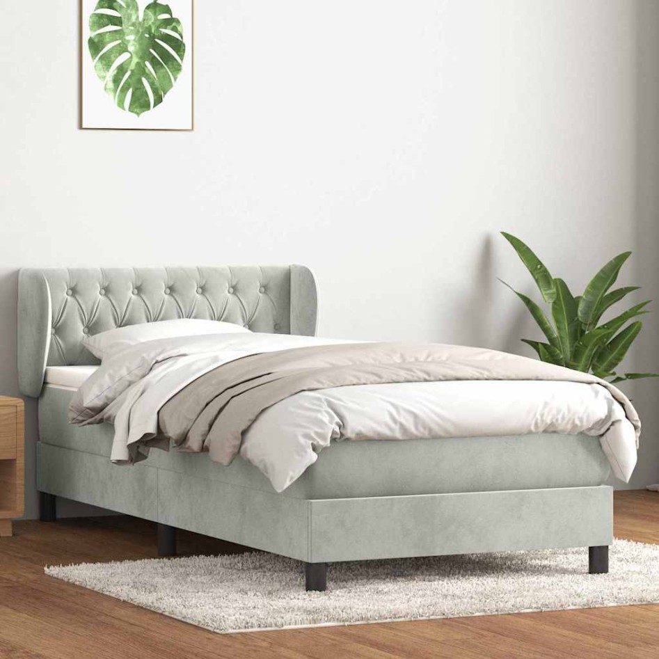 Cama box spring con colchón terciopelo gris claro 80x220