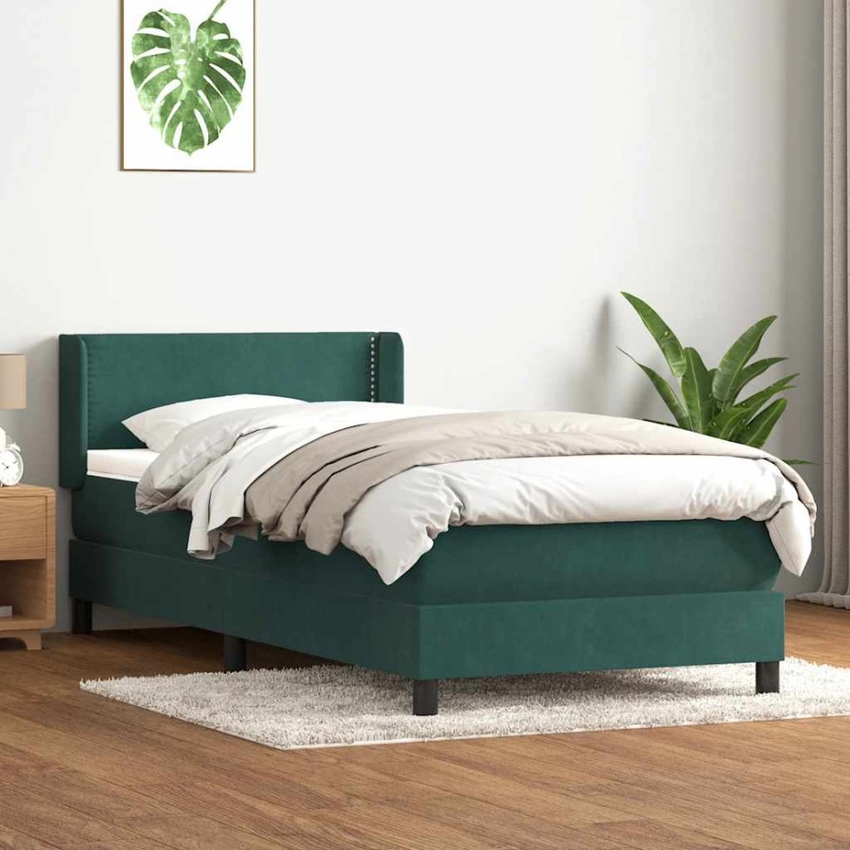 Cama box spring con colchón terciopelo verde oscuro 90x220