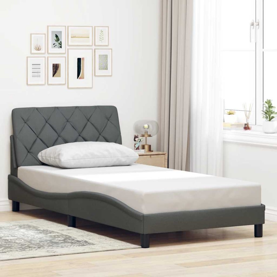 Estructura cama con LED sin colchón tela gris oscuro 90x200