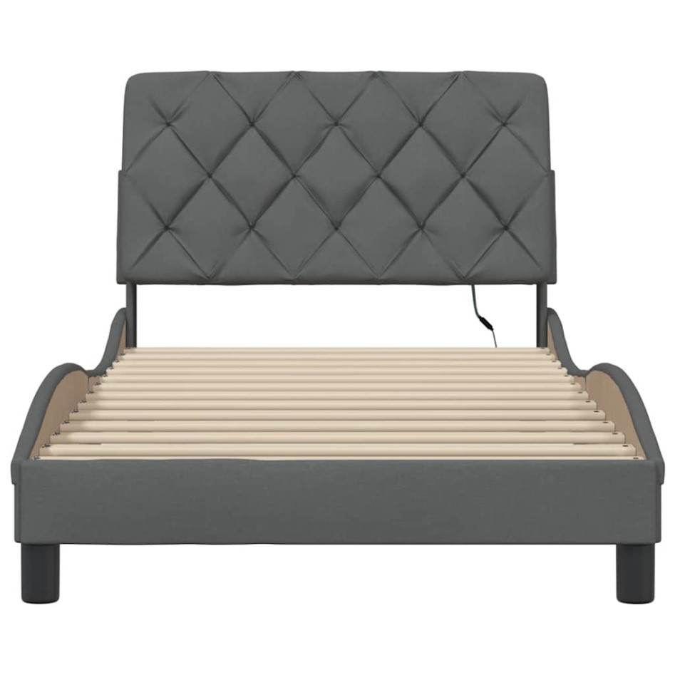 Estructura cama con LED sin colchón tela gris oscuro 90x200