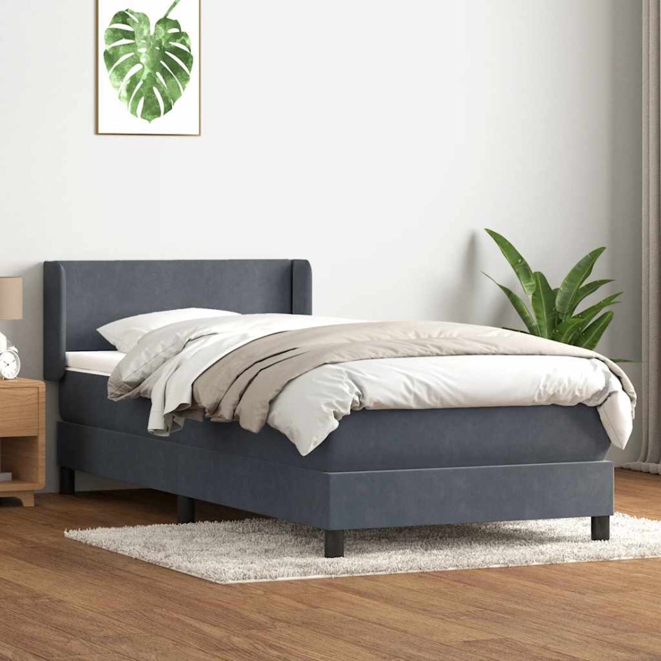 Cama box spring con colchón terciopelo gris oscuro 90x210