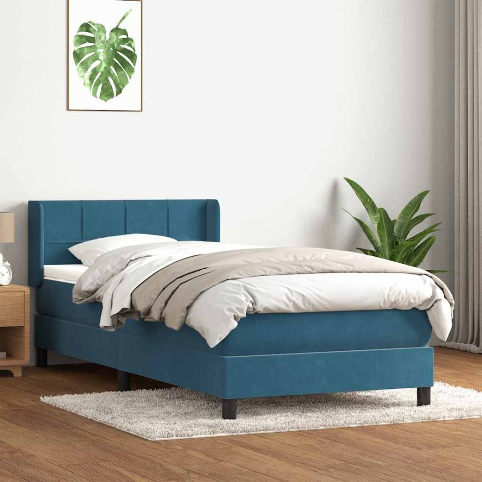 Cama box spring con colchón terciopelo azul oscuro 80x210