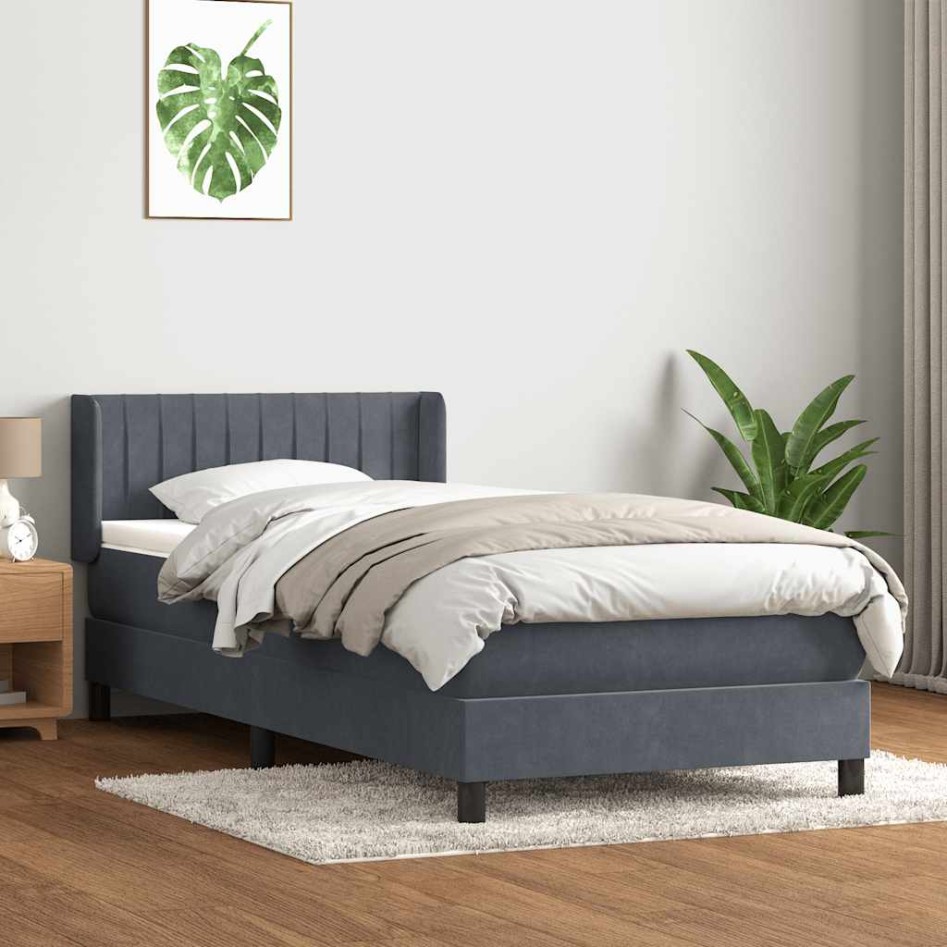 Cama box spring con colchón terciopelo gris oscuro 90x210