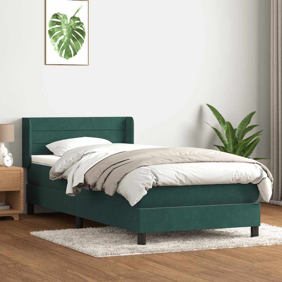 Cama box spring con colchón terciopelo verde oscuro 90x210