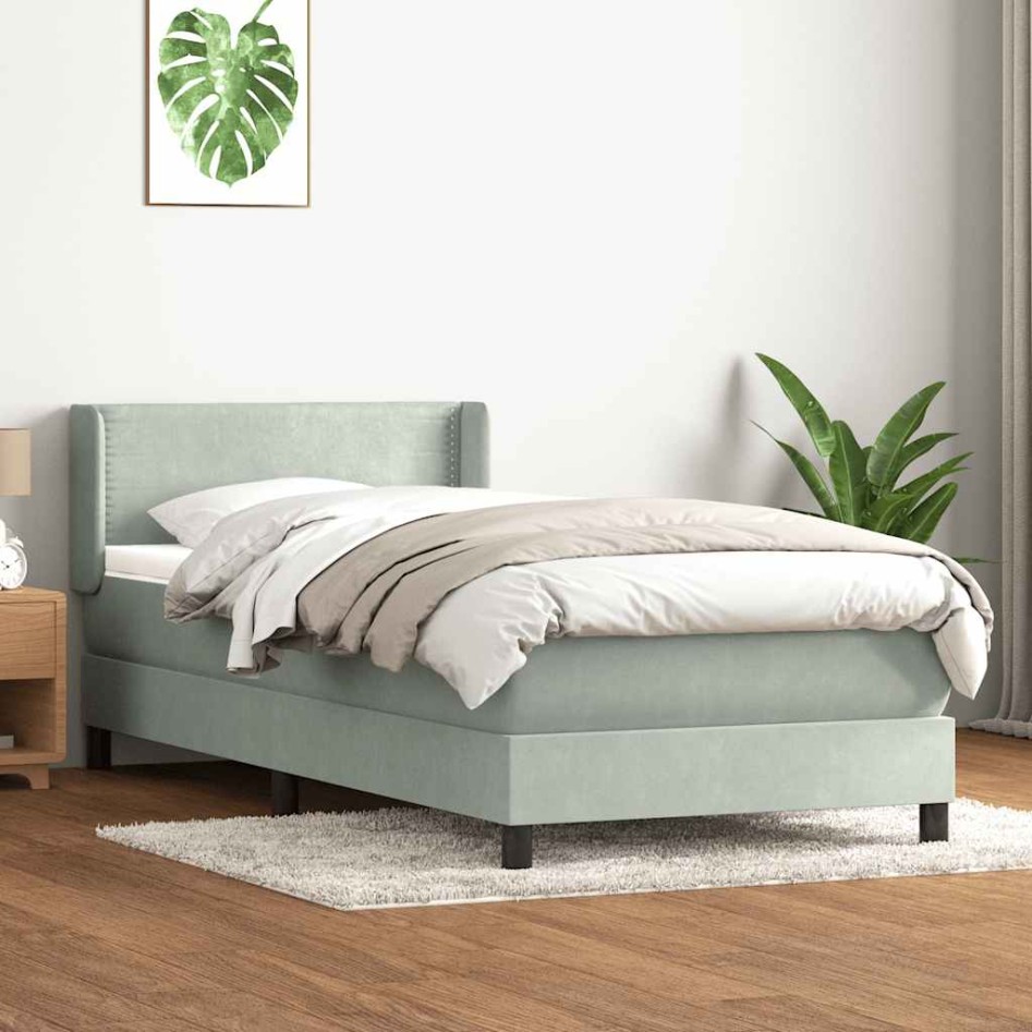 Cama box spring con colchón terciopelo gris claro 90x210