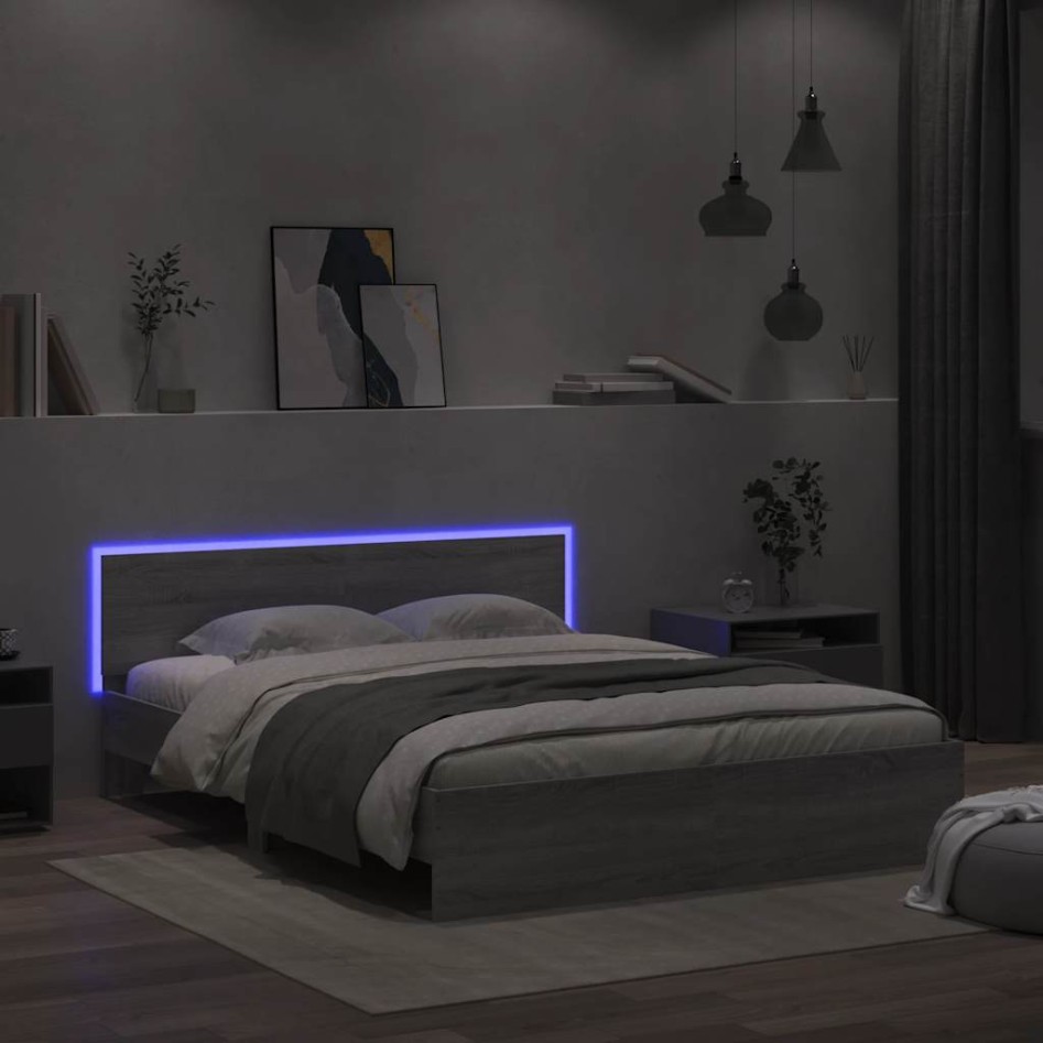 Estructura de cama cabecero y luces LED gris Sonoma 150x200