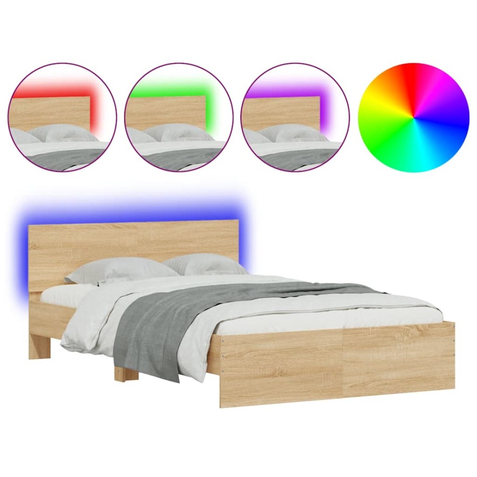Estructura de cama cabecero y luces LED roble Sonoma 140x200