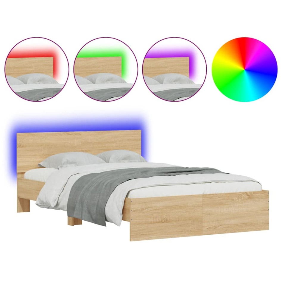 Estructura de cama cabecero y luces LED roble Sonoma 120x200